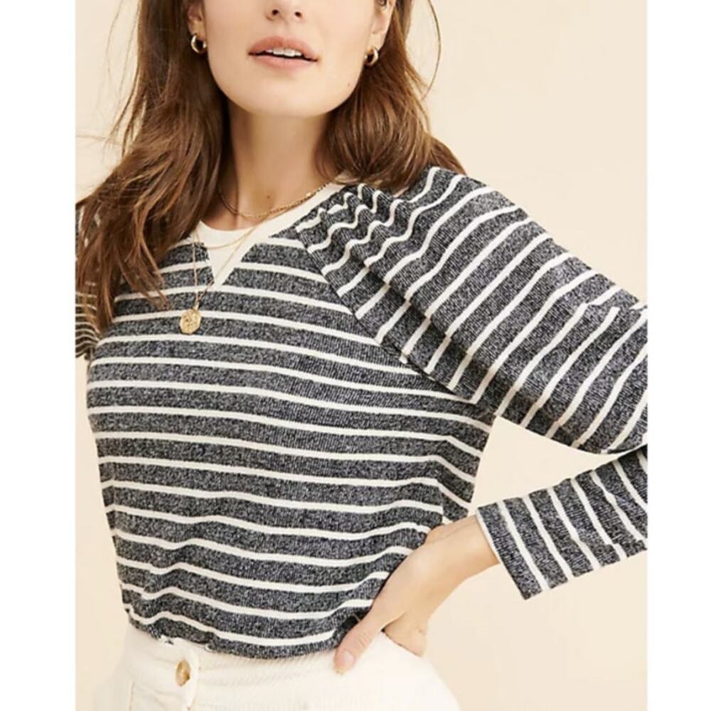 Saylor Auggie Gray White Stripe Puff Sleeve Top Fall Nautical Womens Large
